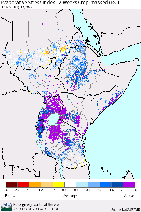 Eastern Africa Evaporative Stress Index (ESI), 12-Weeks over Croplands Thematic Map For 5/11/2020 - 5/17/2020