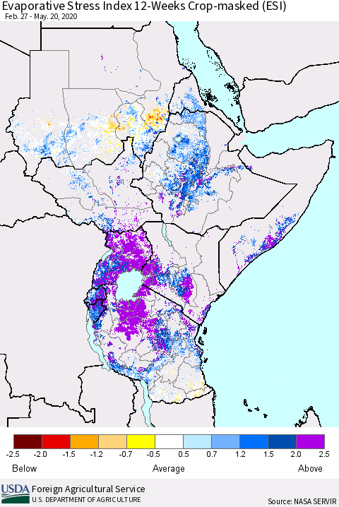 Eastern Africa Evaporative Stress Index (ESI), 12-Weeks over Croplands Thematic Map For 5/18/2020 - 5/24/2020