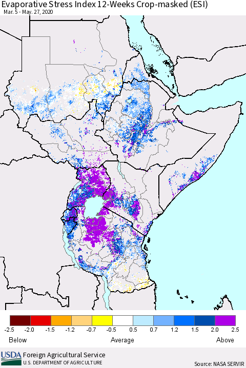 Eastern Africa Evaporative Stress Index (ESI), 12-Weeks over Croplands Thematic Map For 5/25/2020 - 5/31/2020