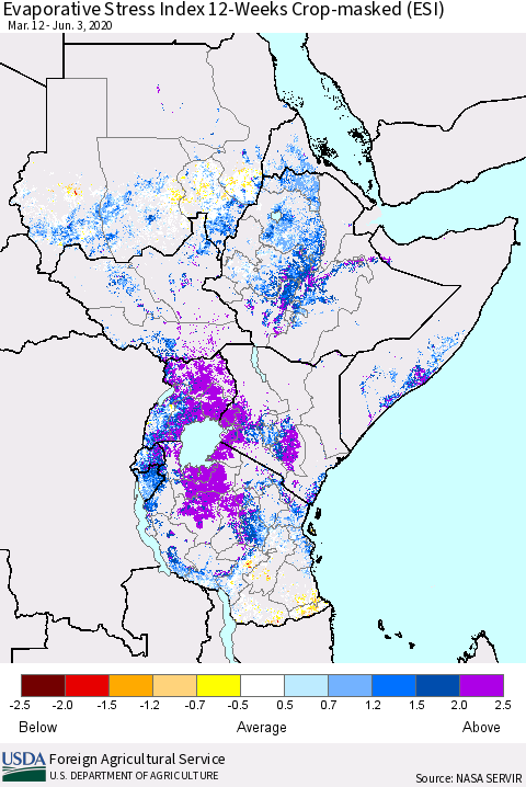 Eastern Africa Evaporative Stress Index (ESI), 12-Weeks over Croplands Thematic Map For 6/1/2020 - 6/7/2020