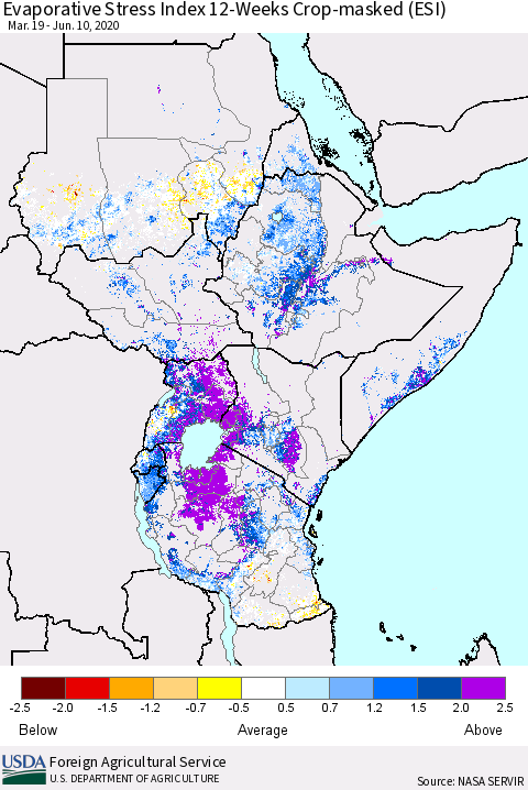 Eastern Africa Evaporative Stress Index (ESI), 12-Weeks over Croplands Thematic Map For 6/8/2020 - 6/14/2020