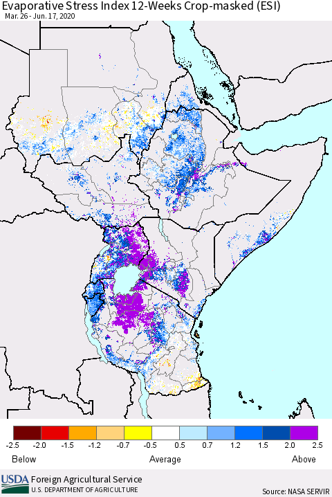Eastern Africa Evaporative Stress Index (ESI), 12-Weeks over Croplands Thematic Map For 6/15/2020 - 6/21/2020