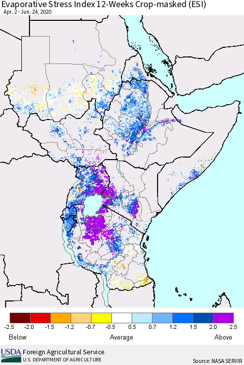 Eastern Africa Evaporative Stress Index (ESI), 12-Weeks over Croplands Thematic Map For 6/22/2020 - 6/28/2020