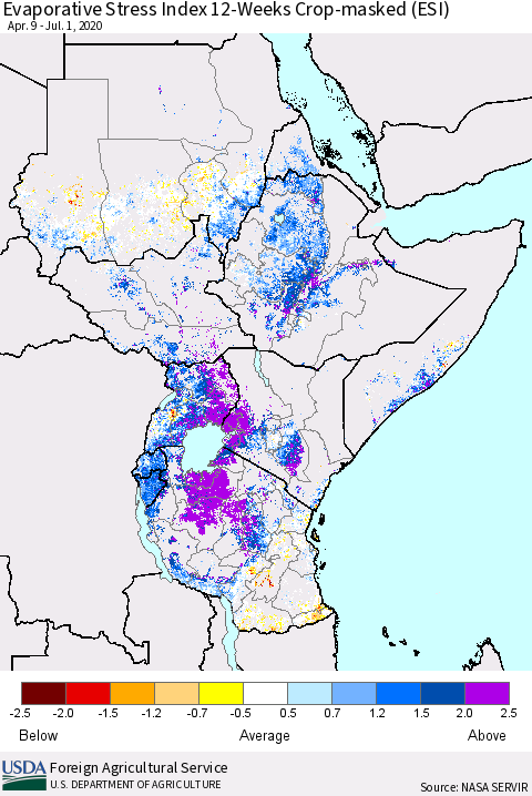 Eastern Africa Evaporative Stress Index (ESI), 12-Weeks over Croplands Thematic Map For 6/29/2020 - 7/5/2020