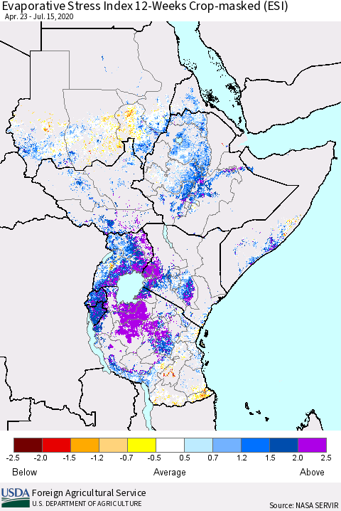 Eastern Africa Evaporative Stress Index (ESI), 12-Weeks over Croplands Thematic Map For 7/13/2020 - 7/19/2020