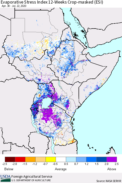 Eastern Africa Evaporative Stress Index (ESI), 12-Weeks over Croplands Thematic Map For 7/20/2020 - 7/26/2020