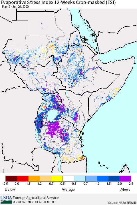 Eastern Africa Evaporative Stress Index (ESI), 12-Weeks over Croplands Thematic Map For 7/27/2020 - 8/2/2020