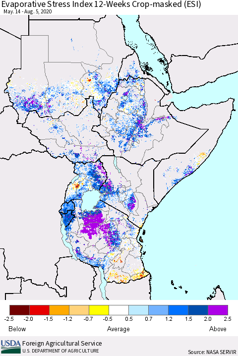 Eastern Africa Evaporative Stress Index (ESI), 12-Weeks over Croplands Thematic Map For 8/3/2020 - 8/9/2020