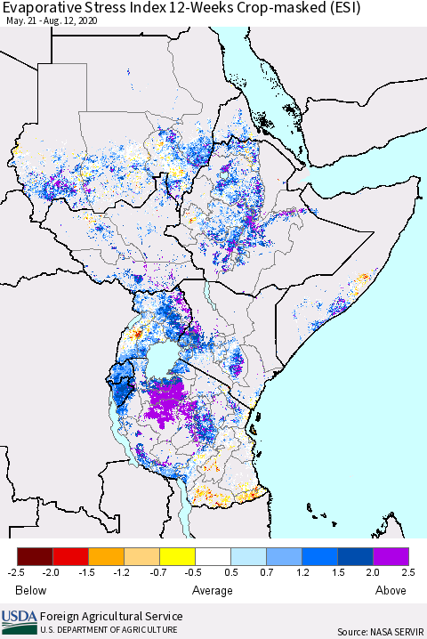Eastern Africa Evaporative Stress Index (ESI), 12-Weeks over Croplands Thematic Map For 8/10/2020 - 8/16/2020