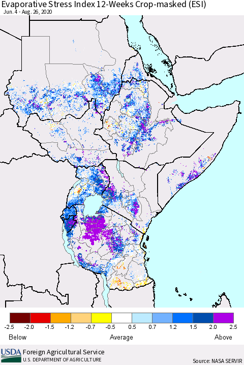 Eastern Africa Evaporative Stress Index (ESI), 12-Weeks over Croplands Thematic Map For 8/24/2020 - 8/30/2020