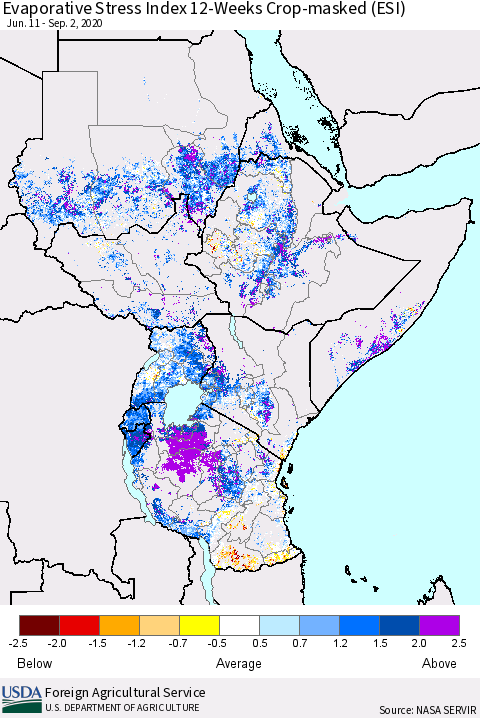 Eastern Africa Evaporative Stress Index (ESI), 12-Weeks over Croplands Thematic Map For 8/31/2020 - 9/6/2020