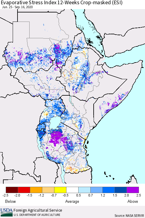 Eastern Africa Evaporative Stress Index (ESI), 12-Weeks over Croplands Thematic Map For 9/14/2020 - 9/20/2020