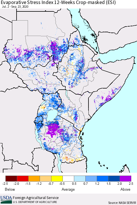 Eastern Africa Evaporative Stress Index (ESI), 12-Weeks over Croplands Thematic Map For 9/21/2020 - 9/27/2020