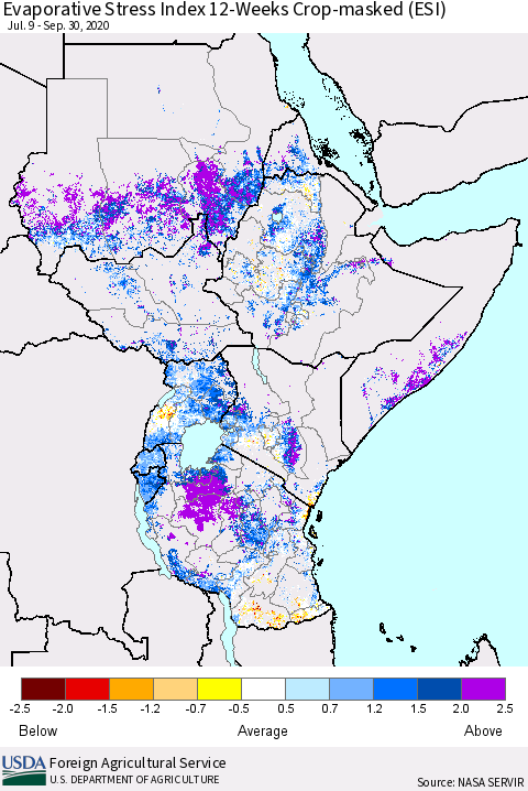 Eastern Africa Evaporative Stress Index (ESI), 12-Weeks over Croplands Thematic Map For 9/28/2020 - 10/4/2020