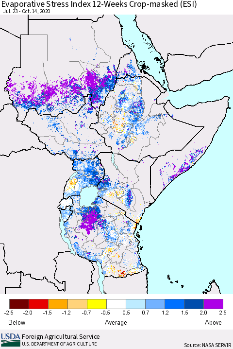 Eastern Africa Evaporative Stress Index (ESI), 12-Weeks over Croplands Thematic Map For 10/12/2020 - 10/18/2020