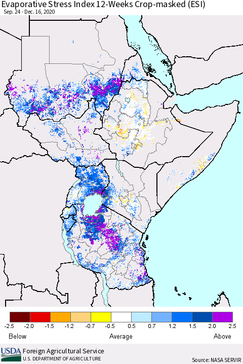 Eastern Africa Evaporative Stress Index (ESI), 12-Weeks over Croplands Thematic Map For 12/14/2020 - 12/20/2020