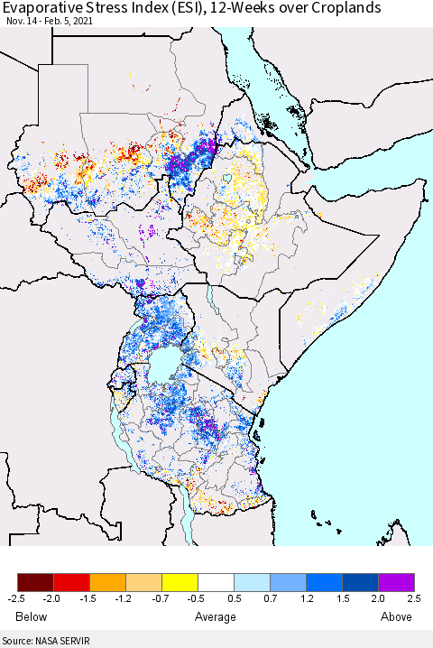 Eastern Africa Evaporative Stress Index (ESI), 12-Weeks over Croplands Thematic Map For 2/1/2021 - 2/7/2021