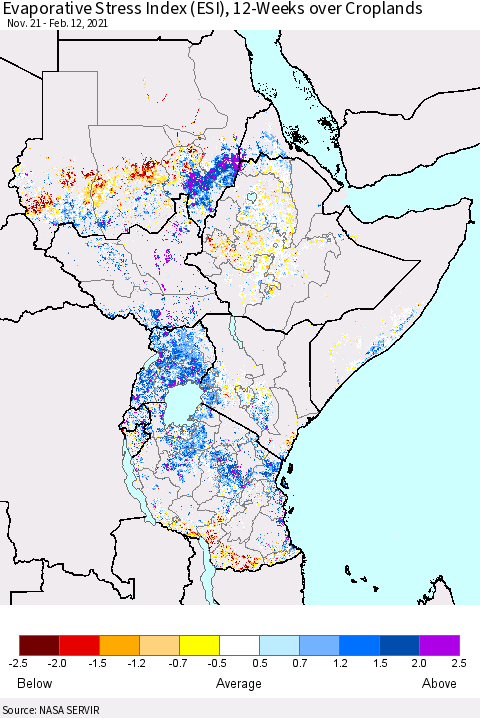 Eastern Africa Evaporative Stress Index (ESI), 12-Weeks over Croplands Thematic Map For 2/8/2021 - 2/14/2021