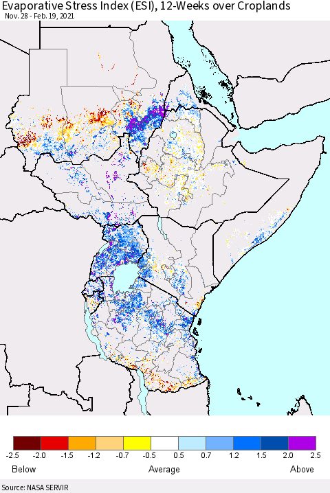 Eastern Africa Evaporative Stress Index (ESI), 12-Weeks over Croplands Thematic Map For 2/15/2021 - 2/21/2021