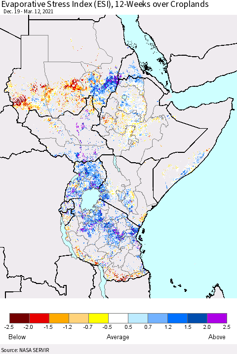 Eastern Africa Evaporative Stress Index (ESI), 12-Weeks over Croplands Thematic Map For 3/8/2021 - 3/14/2021