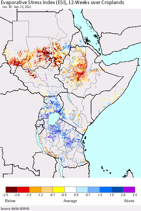 Eastern Africa Evaporative Stress Index (ESI), 12-Weeks over Croplands Thematic Map For 4/19/2021 - 4/25/2021