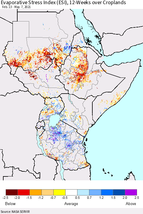 Eastern Africa Evaporative Stress Index (ESI), 12-Weeks over Croplands Thematic Map For 5/3/2021 - 5/9/2021