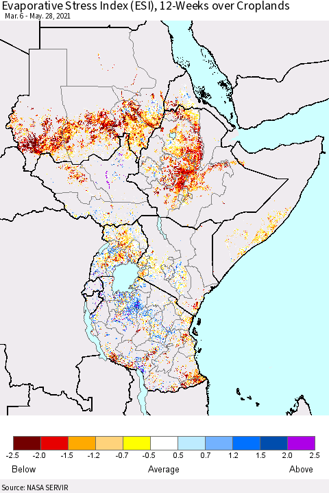 Eastern Africa Evaporative Stress Index (ESI), 12-Weeks over Croplands Thematic Map For 5/24/2021 - 5/30/2021