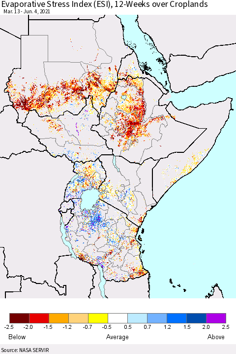 Eastern Africa Evaporative Stress Index (ESI), 12-Weeks over Croplands Thematic Map For 5/31/2021 - 6/6/2021