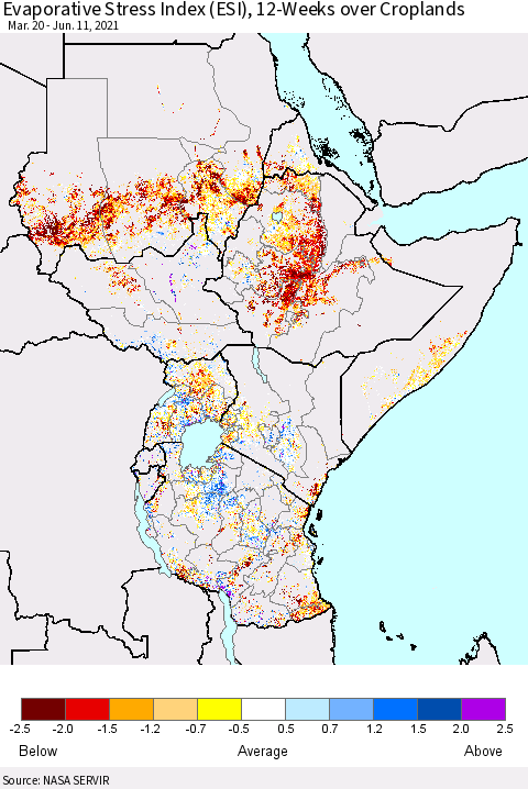 Eastern Africa Evaporative Stress Index (ESI), 12-Weeks over Croplands Thematic Map For 6/7/2021 - 6/13/2021