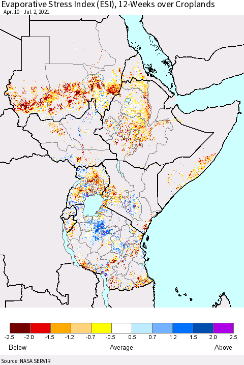 Eastern Africa Evaporative Stress Index (ESI), 12-Weeks over Croplands Thematic Map For 6/28/2021 - 7/4/2021