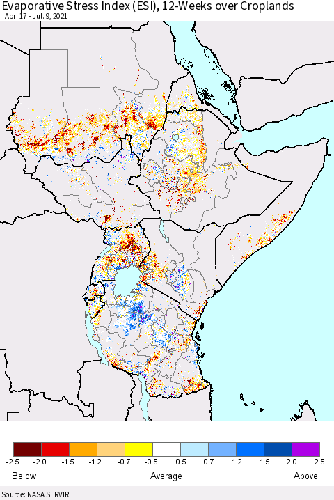Eastern Africa Evaporative Stress Index (ESI), 12-Weeks over Croplands Thematic Map For 7/5/2021 - 7/11/2021