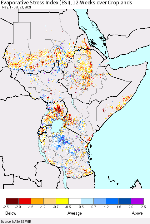 Eastern Africa Evaporative Stress Index (ESI), 12-Weeks over Croplands Thematic Map For 7/19/2021 - 7/25/2021