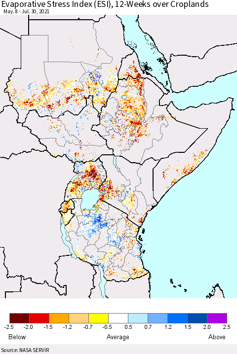 Eastern Africa Evaporative Stress Index (ESI), 12-Weeks over Croplands Thematic Map For 7/26/2021 - 8/1/2021