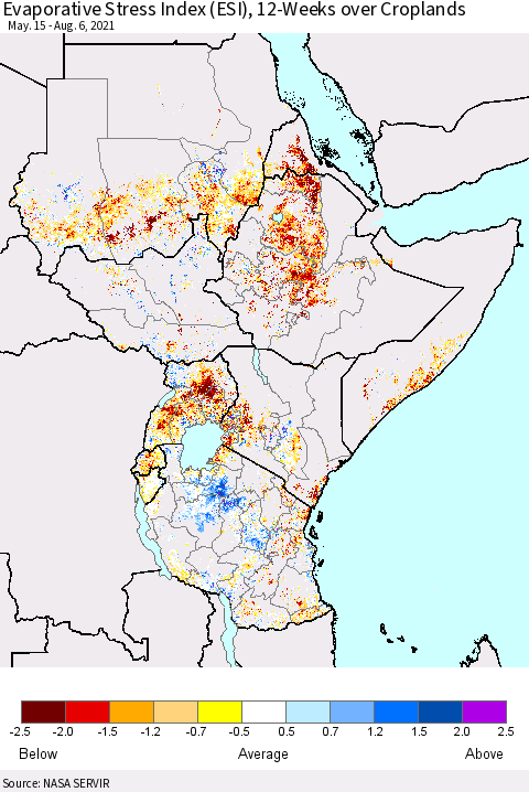 Eastern Africa Evaporative Stress Index (ESI), 12-Weeks over Croplands Thematic Map For 8/2/2021 - 8/8/2021