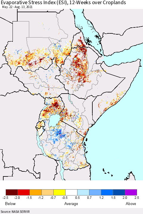 Eastern Africa Evaporative Stress Index (ESI), 12-Weeks over Croplands Thematic Map For 8/9/2021 - 8/15/2021