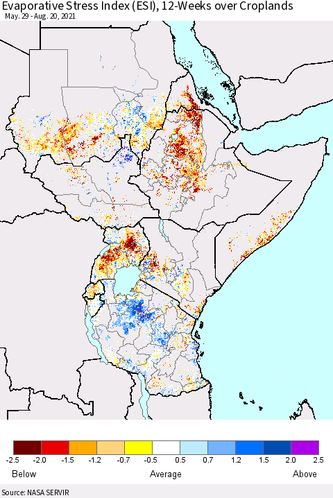 Eastern Africa Evaporative Stress Index (ESI), 12-Weeks over Croplands Thematic Map For 8/16/2021 - 8/22/2021