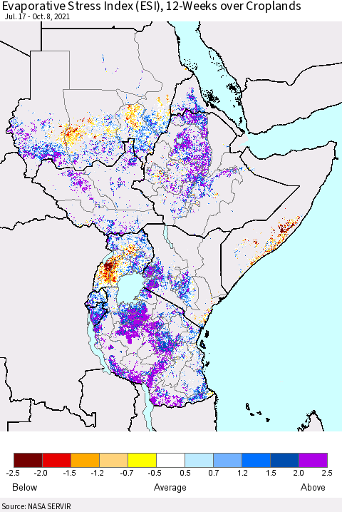 Eastern Africa Evaporative Stress Index (ESI), 12-Weeks over Croplands Thematic Map For 10/4/2021 - 10/10/2021