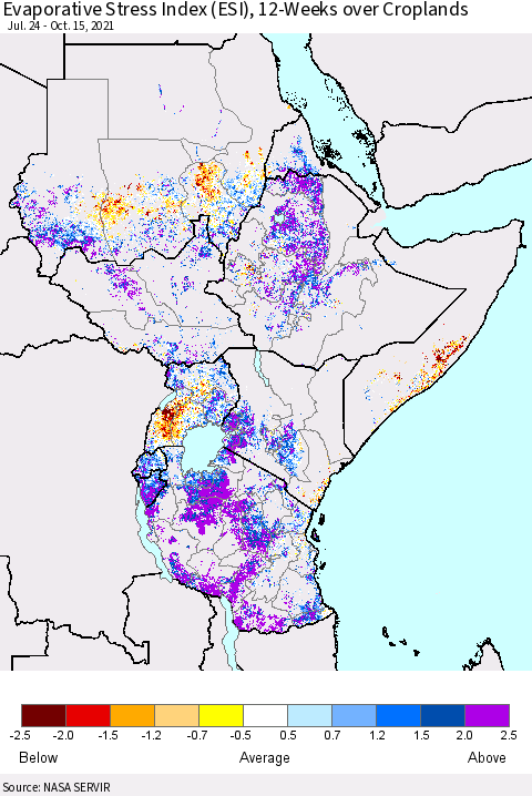 Eastern Africa Evaporative Stress Index (ESI), 12-Weeks over Croplands Thematic Map For 10/11/2021 - 10/17/2021