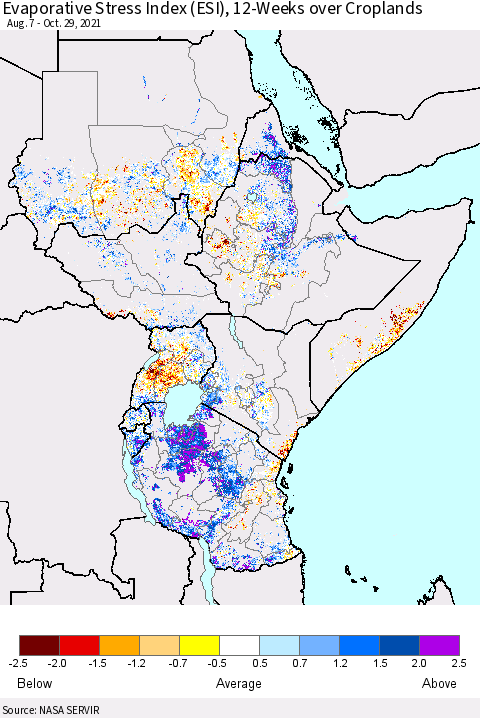 Eastern Africa Evaporative Stress Index (ESI), 12-Weeks over Croplands Thematic Map For 10/25/2021 - 10/31/2021