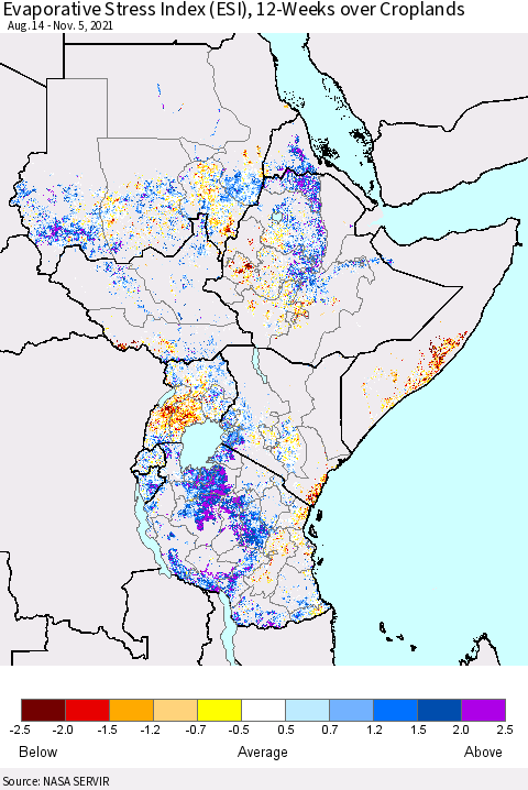 Eastern Africa Evaporative Stress Index (ESI), 12-Weeks over Croplands Thematic Map For 11/1/2021 - 11/7/2021