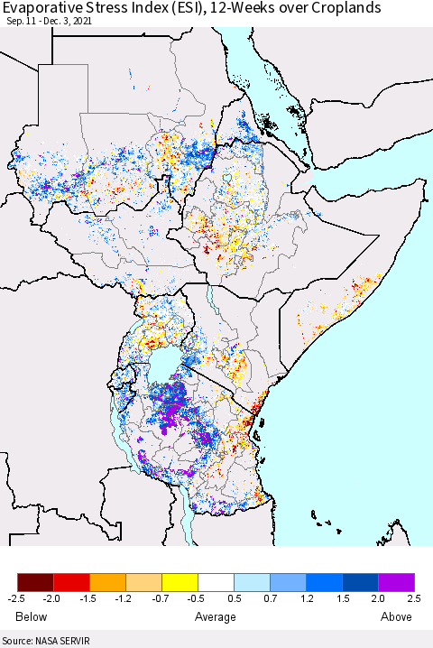 Eastern Africa Evaporative Stress Index (ESI), 12-Weeks over Croplands Thematic Map For 11/29/2021 - 12/5/2021