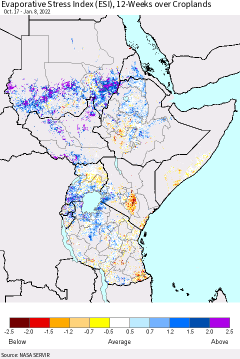 Eastern Africa Evaporative Stress Index (ESI), 12-Weeks over Croplands Thematic Map For 1/3/2022 - 1/9/2022