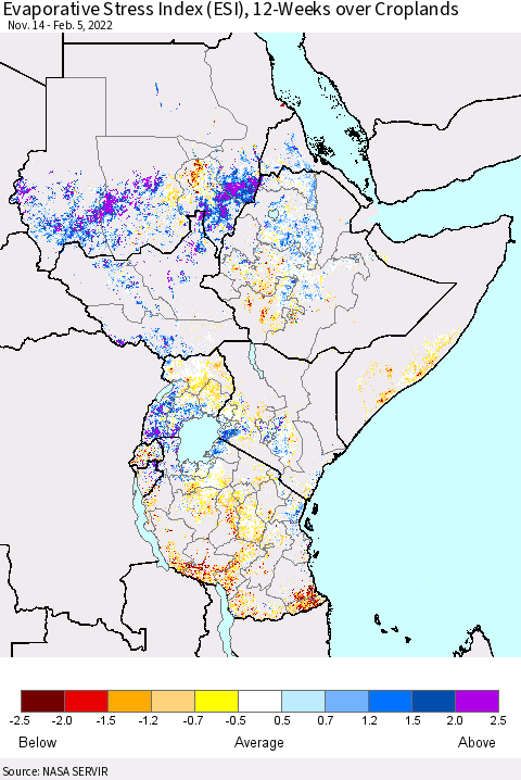 Eastern Africa Evaporative Stress Index (ESI), 12-Weeks over Croplands Thematic Map For 1/31/2022 - 2/6/2022