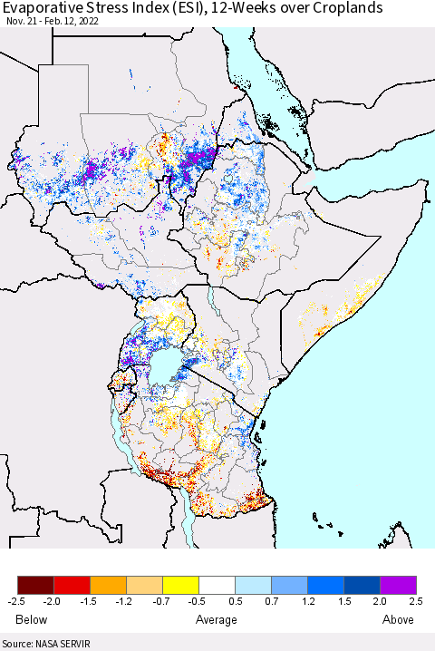 Eastern Africa Evaporative Stress Index (ESI), 12-Weeks over Croplands Thematic Map For 2/7/2022 - 2/13/2022