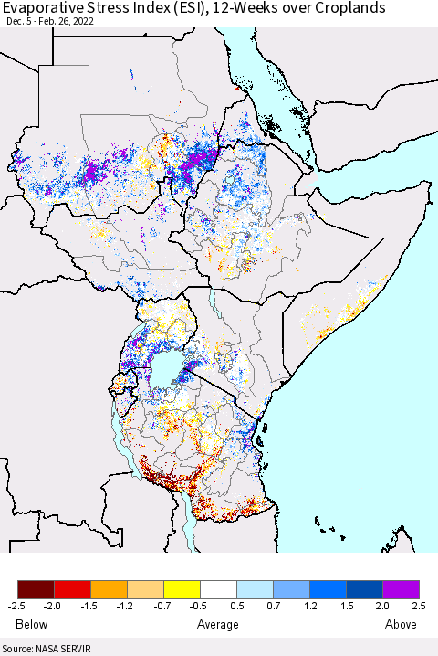 Eastern Africa Evaporative Stress Index (ESI), 12-Weeks over Croplands Thematic Map For 2/21/2022 - 2/27/2022