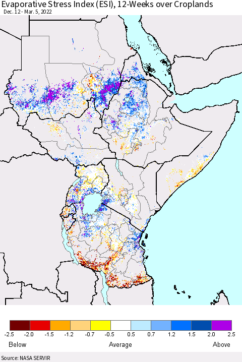 Eastern Africa Evaporative Stress Index (ESI), 12-Weeks over Croplands Thematic Map For 2/28/2022 - 3/6/2022