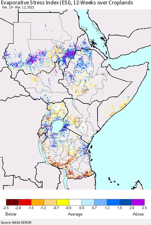Eastern Africa Evaporative Stress Index (ESI), 12-Weeks over Croplands Thematic Map For 3/7/2022 - 3/13/2022