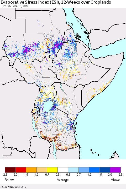 Eastern Africa Evaporative Stress Index (ESI), 12-Weeks over Croplands Thematic Map For 3/14/2022 - 3/20/2022