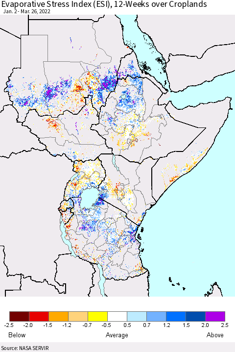 Eastern Africa Evaporative Stress Index (ESI), 12-Weeks over Croplands Thematic Map For 3/21/2022 - 3/27/2022
