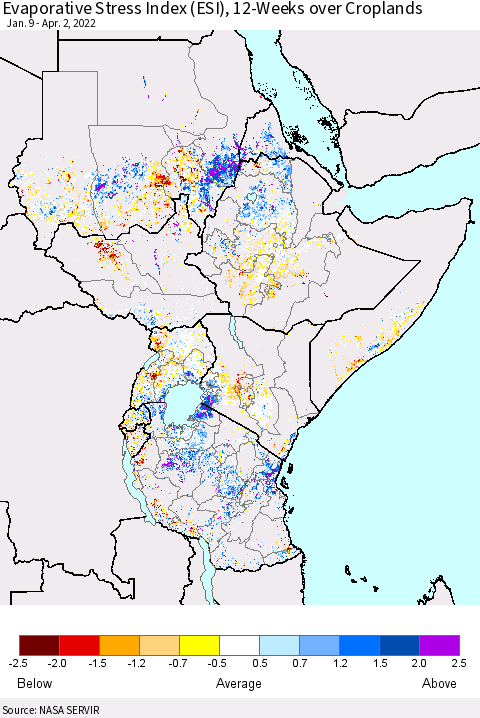 Eastern Africa Evaporative Stress Index (ESI), 12-Weeks over Croplands Thematic Map For 3/28/2022 - 4/3/2022